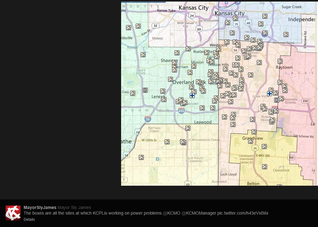 Kansas City, Mo. Mayor Sly James (@MayorSlyJames) tweeted a photo update of power outages due to Tuesday's snowstorm.