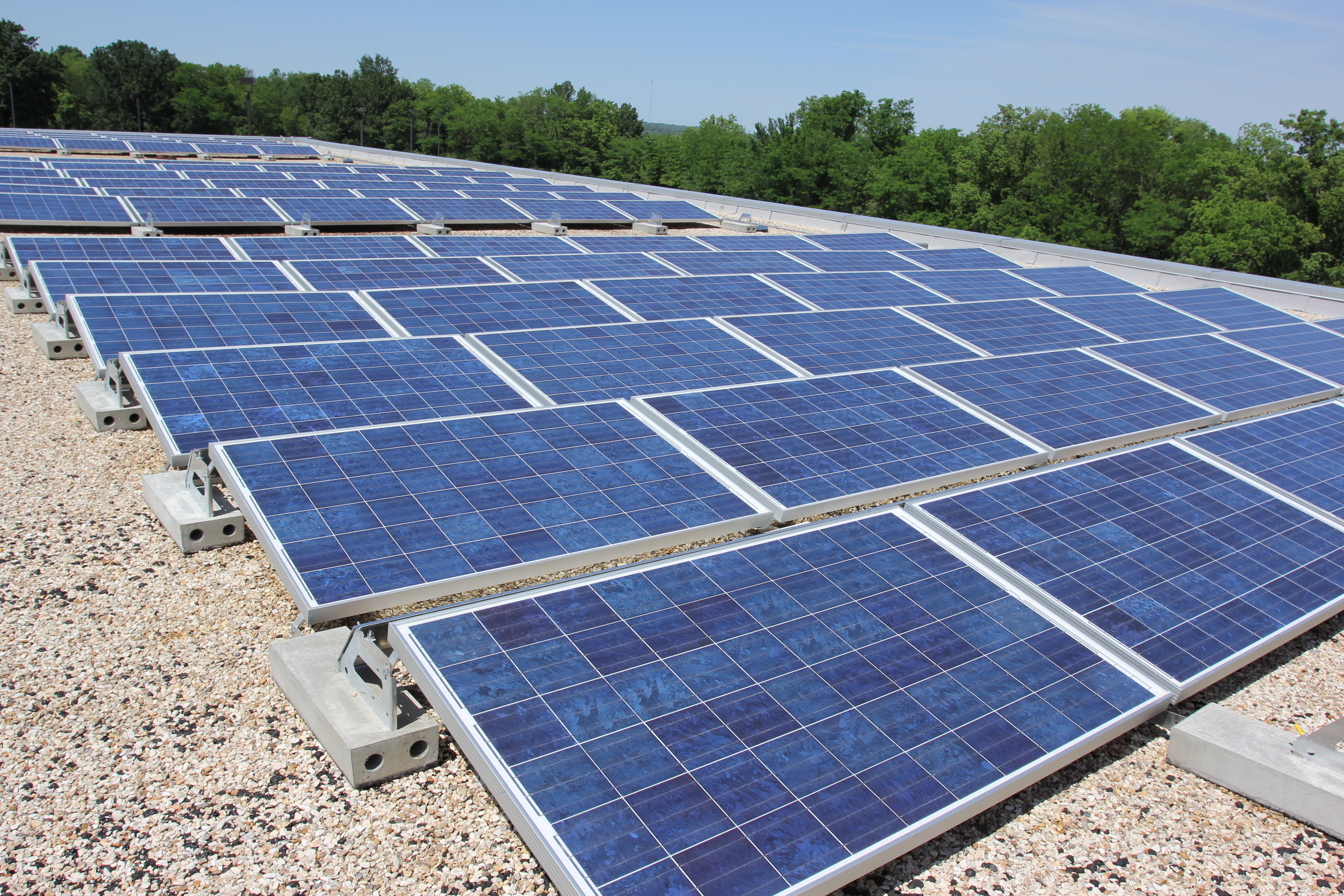 One of three 25 kilowatt solar energy systems installed previously by Brightergy for the KCMO Water Services Department. The City of Kansas City, Missouri plans to install solar on 80 municipal buildings through partnerships with Brightergy and KCP&L.