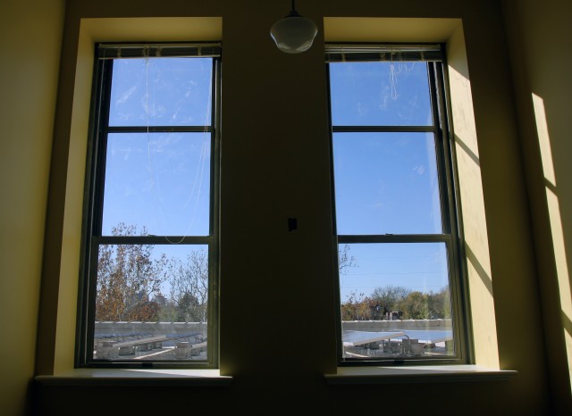 Part of the Bancroft School's 75 kilowatt solar-energy system is visible from a third-floor window.